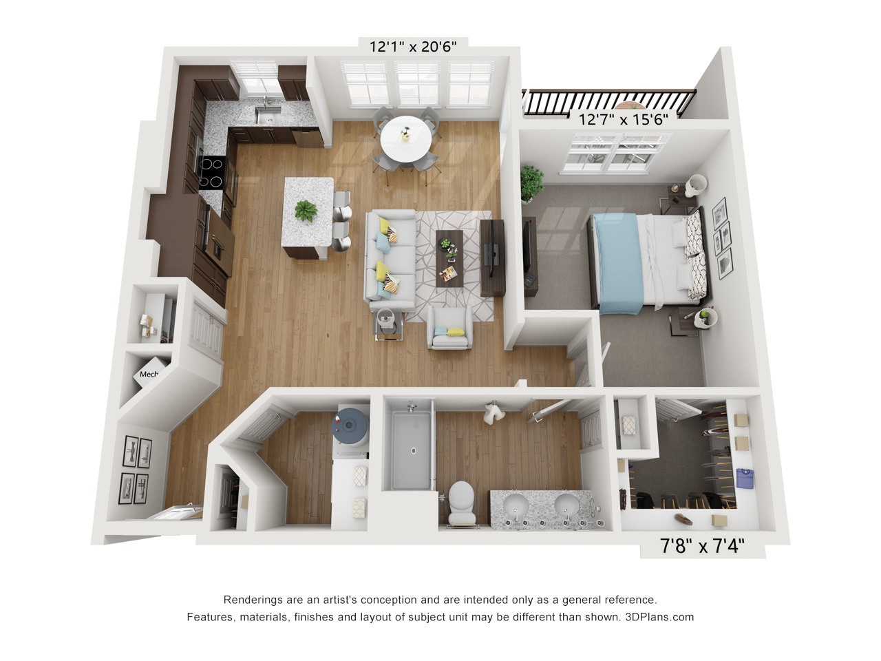 a stylized floor plan of a 1 bedroom192 sq ft house